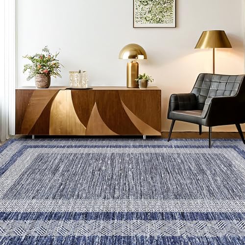 Blue 8x10 Washable Distressed Area Rug - Modern Geometric Floor Carpet