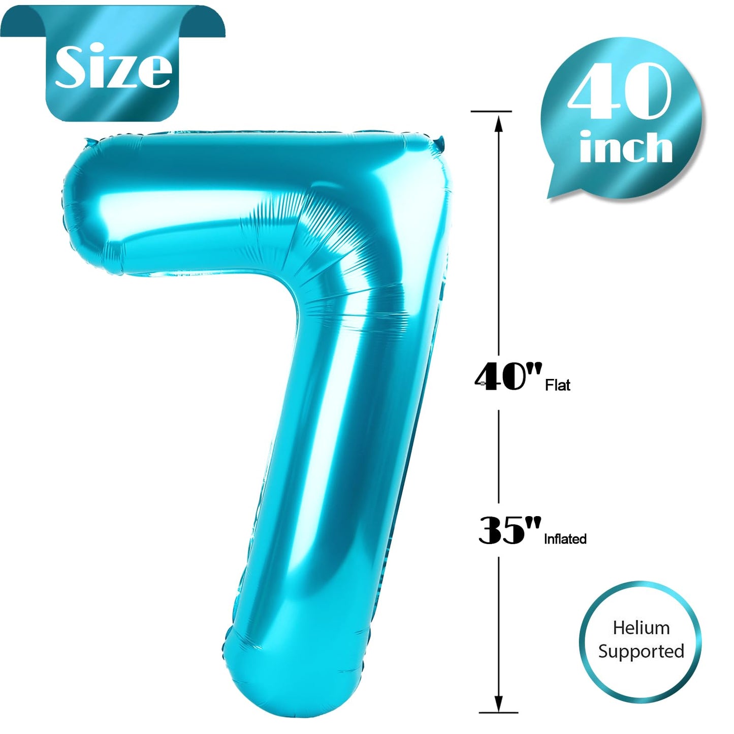Light Blue Number 7 Balloon 40 Inch, 7th Birthday Party Decorations for Children, Giant 7 Foil Balloon for Party Supplies