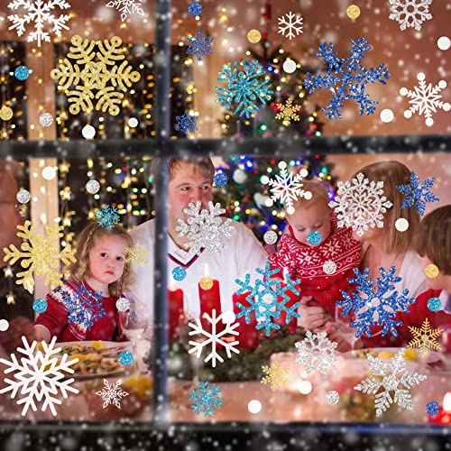 Whaline 541Pcs Winter Snowflake Window Clings Stickers Double-Sided White Silver Blue Gold Christmas Window Decals for Frozen New Year Home Shop Windows Glass Display Decoration, 9 Sheets