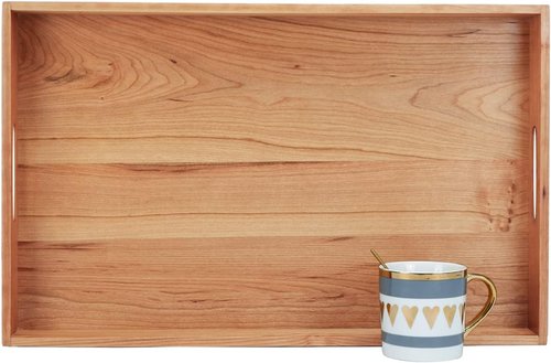 Cherry Wood Ottoman Tray - Large 22 x 14 Inch Rectangle with Handles for Serving Tea, Coffee, or Breakfast