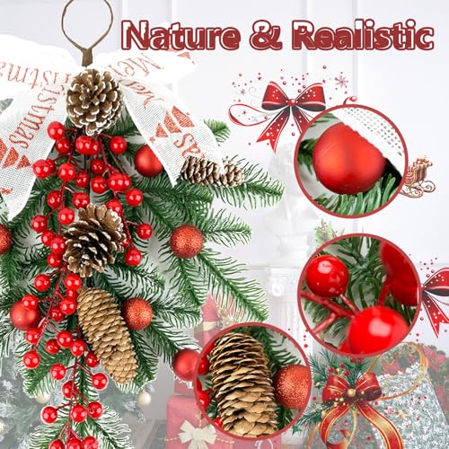 2 Pack Christmas Teardrop Swags with Berries & Pinecones – 20in Artificial Floral Wall Decor