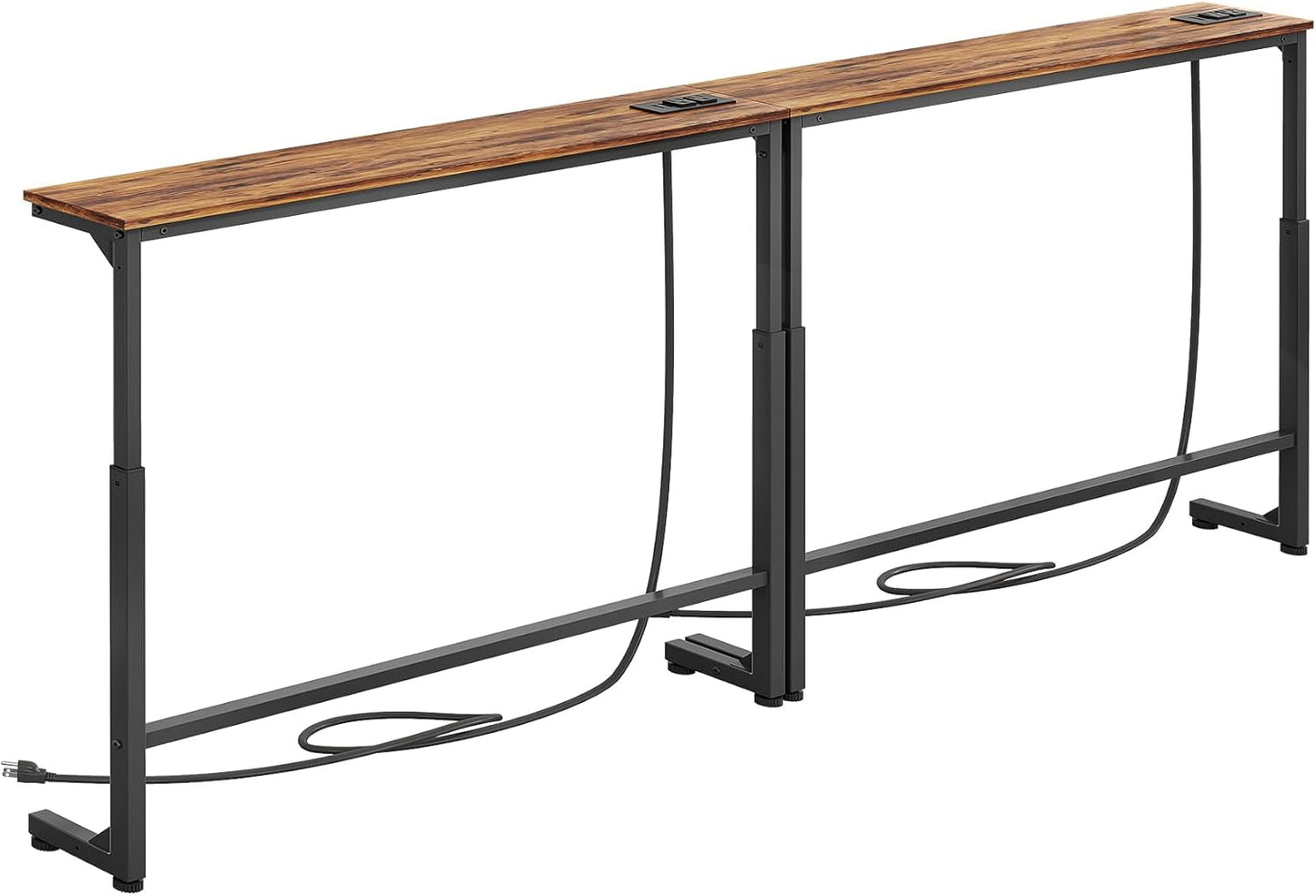 Kitstorack Narrow Console Table - Adjustable Height (25"-33") with 2 Power Outlets | Rustic Brown, 78.8" Long x 5.9" Wide