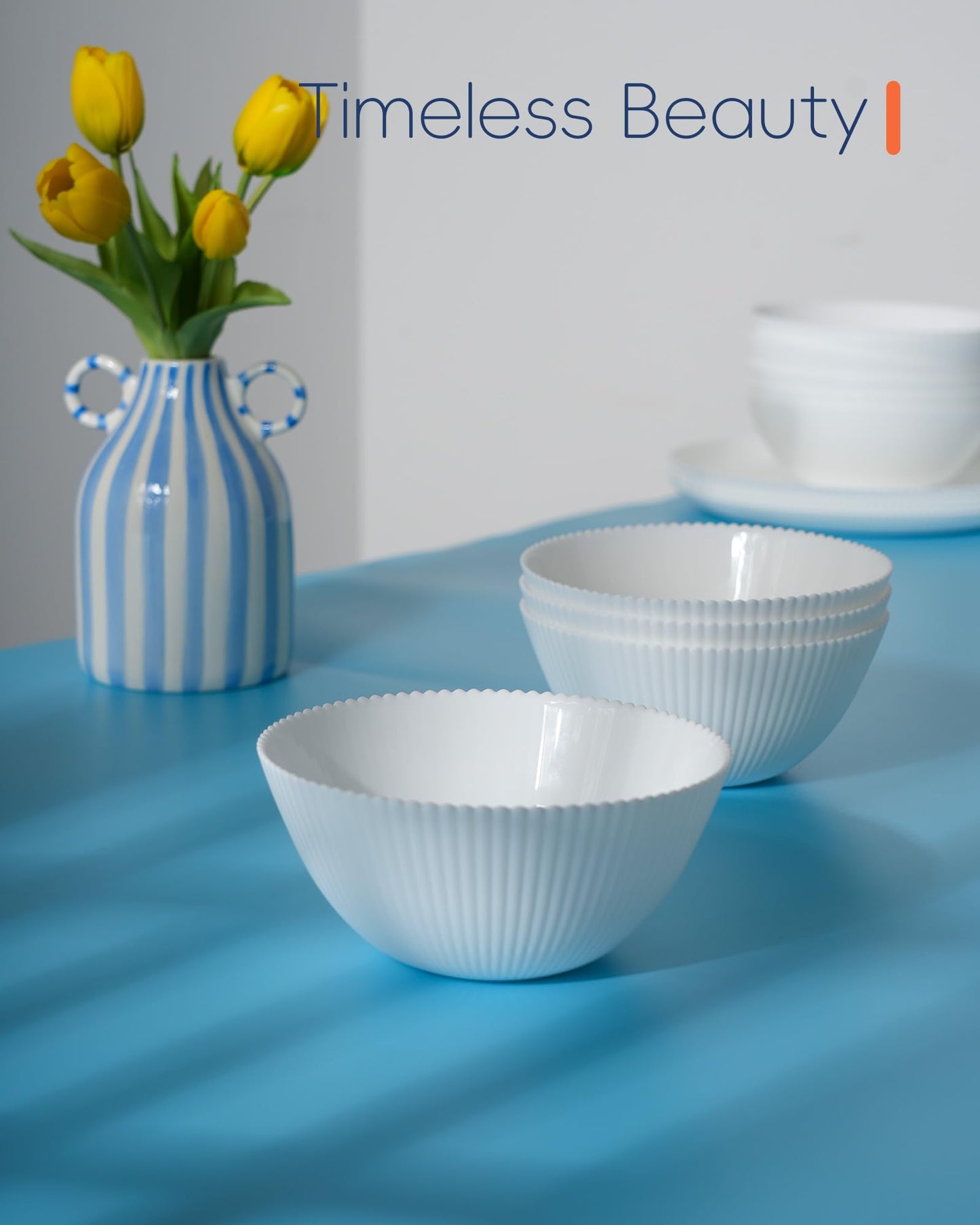 LaGlint 20 OZ Max White Opal Glass Cereal Bowl Set of 6, 6 inch Dishwasher & Microwave Safe Round Ribbed Bowls for Kitchen, Salad, Soup and Rice