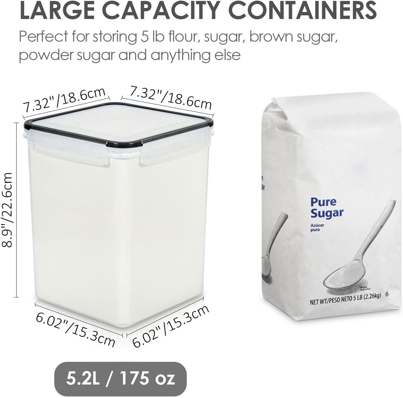 Vtopmart Airtight Food Storage Containers - 5.2L BPA-Free Plastic Canisters with Lids, 4 Measuring Cups & Labels | Black
