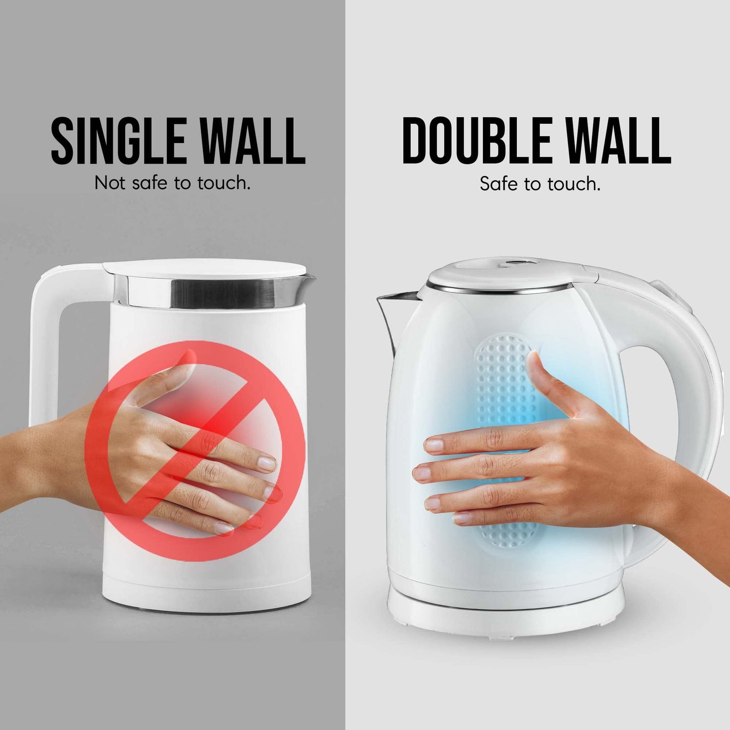 OVENTE 1.7L Double Wall Electric Tea Kettle, 1100W Water Boiler and Heater with Cool-Touch Exterior, Stainless Steel Insulated Interior, Auto Shut-Off, Boil-Dry Protection & Locking Lid, White KD64W