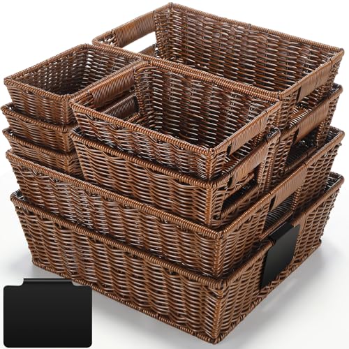 Marsui Dark Brown Wicker Storage Baskets Set of 9 with Handles & Labels - Multi-Size Closet & Pantry Organizer