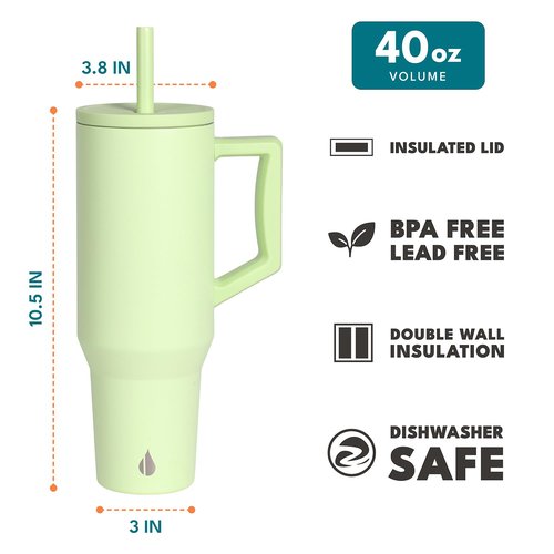 Elemental 40 oz Tumbler with Handle and Straw - Spill Proof Insulated Stainless Steel Commuter for Cold Beverages - Travel Coffee Mug with 2 Straws & Spill Proof Lid - 40oz - Key Lime