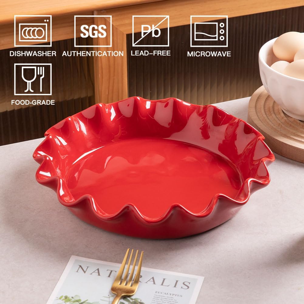 Sweejar Ceramic Pie Pan - 11.5 Inches Deep Fluted Non-Stick Baking Dish | Modern Farmhouse Design (Red)