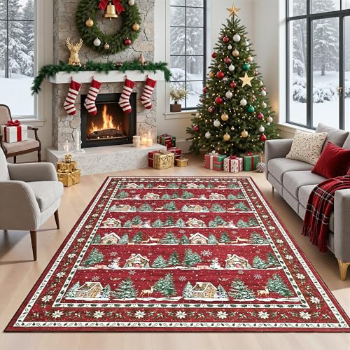GarveeHome 9x12 Christmas Area Rug - Red, Non-Slip, Machine Washable
