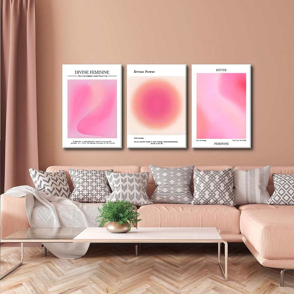 Trendy Aesthetic Canvas Wall Art Set of 3 - Pink Gradient Aura Angel Posters | Framed 12x16 Inch Decor for Bedroom & Living Room