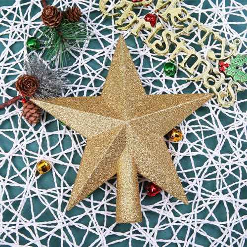 Aneco Glitter Christmas Tree Topper Shatter-Proof Christmas Tree Decoration Treetop for Holiday Ornament or Home Decor (Gold, 8 Inch)