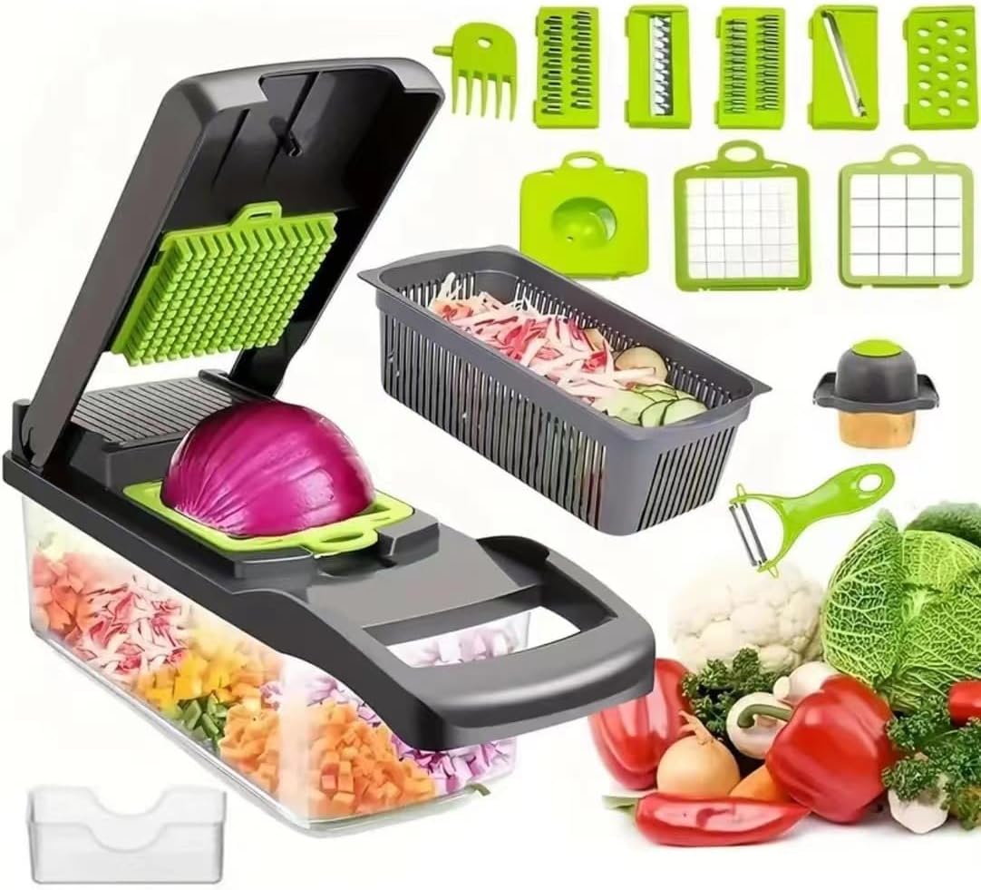 Pro-Series 16-in-1 Vegetable Chopper - Versatile Food Cutter & Spiralizer with Container | Grey, 16-Piece Set