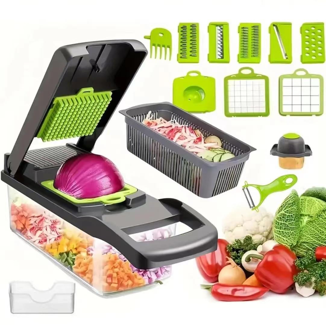 Pro-Series 16-in-1 Vegetable Chopper, Veggie Chopper, Food Chopper with Container, Vegetable Cutter Chopper & Spiralizer for Onion Salad (Grey, 16-piece set)