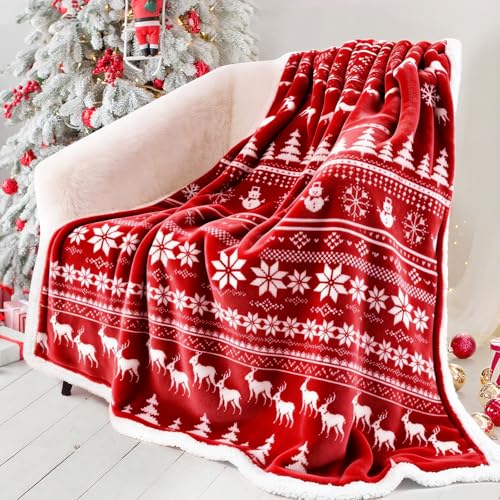 Touchat Red Sherpa Christmas Throw Blanket 50x60in Reindeer Fuzzy Cozy Decor