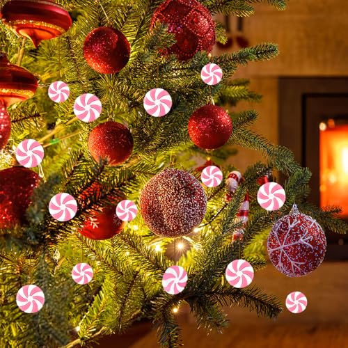 DECYOOL 80pcs Pink Mini Christmas Candy Cane Ornaments - Peppermint Decor, 15mm