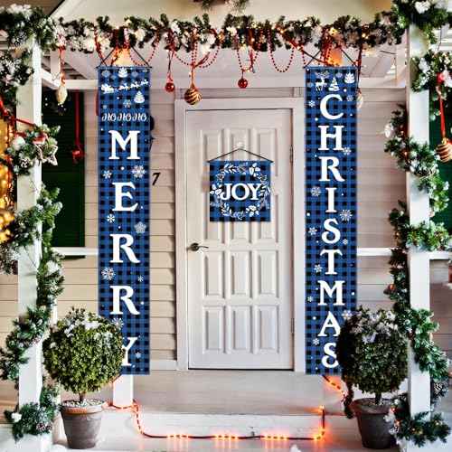 Tatuo 3 Piece Merry Christmas Porch Signs Christmas Buffalo Plaid Porch Banner Xmas Party Front Door Sign for Holiday Home Indoor Outdoor Xmas Party Favor(Blue and Black)