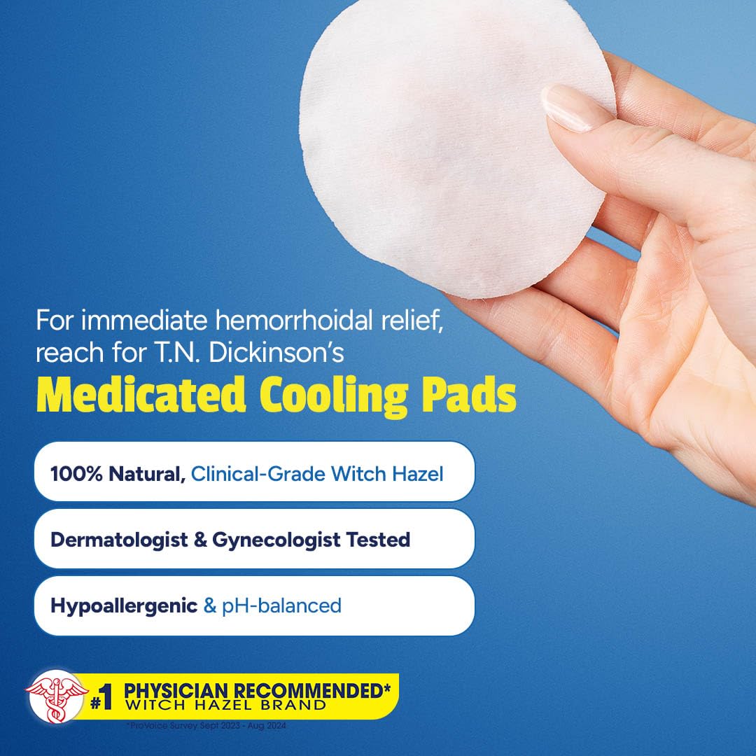 T.N. Dickinson’s Medicated Cooling Pads with Witch Hazel and Aloe | Hemorrhoid Treatment, Postpartum Care, Feminine & Rectal Relief | 100 Rounds