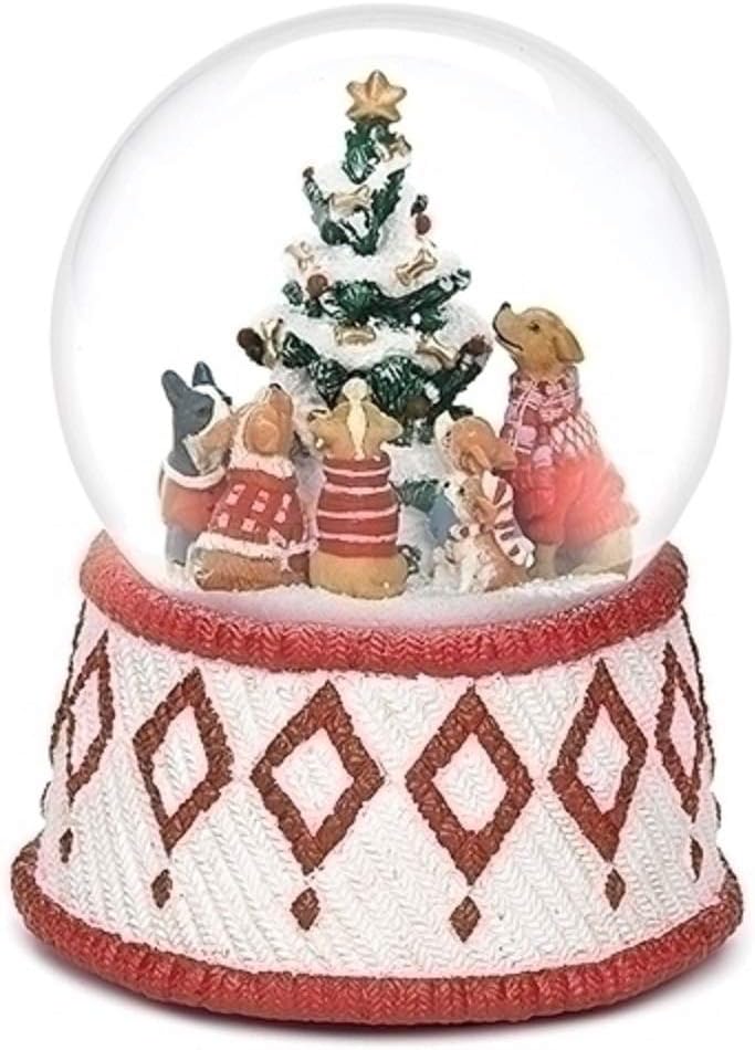 Roman 100MM Musical Christmas Snow Globe - Dogs Around Christmas Tree | Plays 'O Christmas Tree'