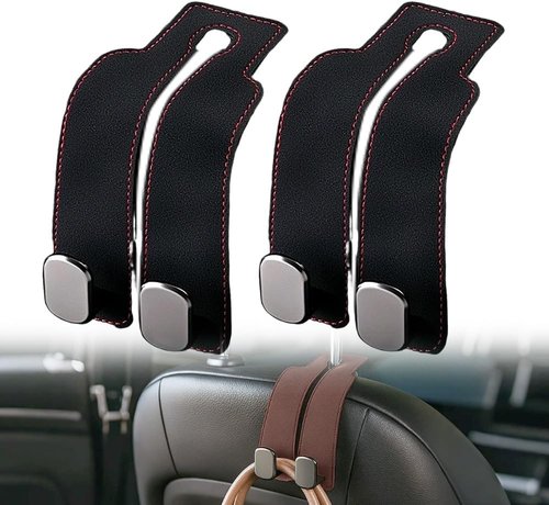 Fauppt Car Headrest Hooks - Stylish Leather Purse Holders & Bag Organizers | Set of 2 Black