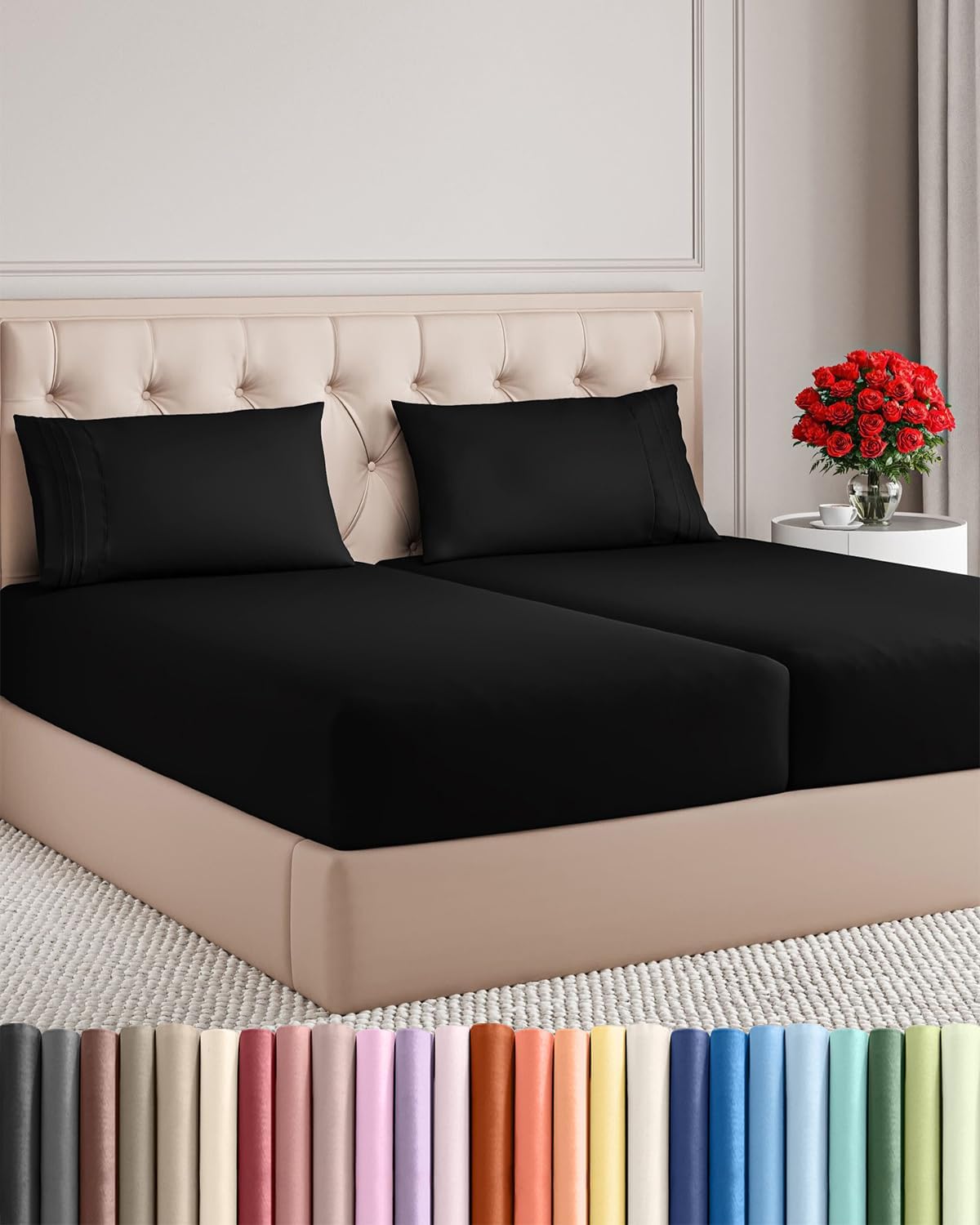 Split King Size 5-Piece Sheet Set - Comfy Cooling Bed Sheets | Luxurious Hotel Quality - Deep Pockets, Soft & Wrinkle-Free - Oeko-Tex Certified - Black