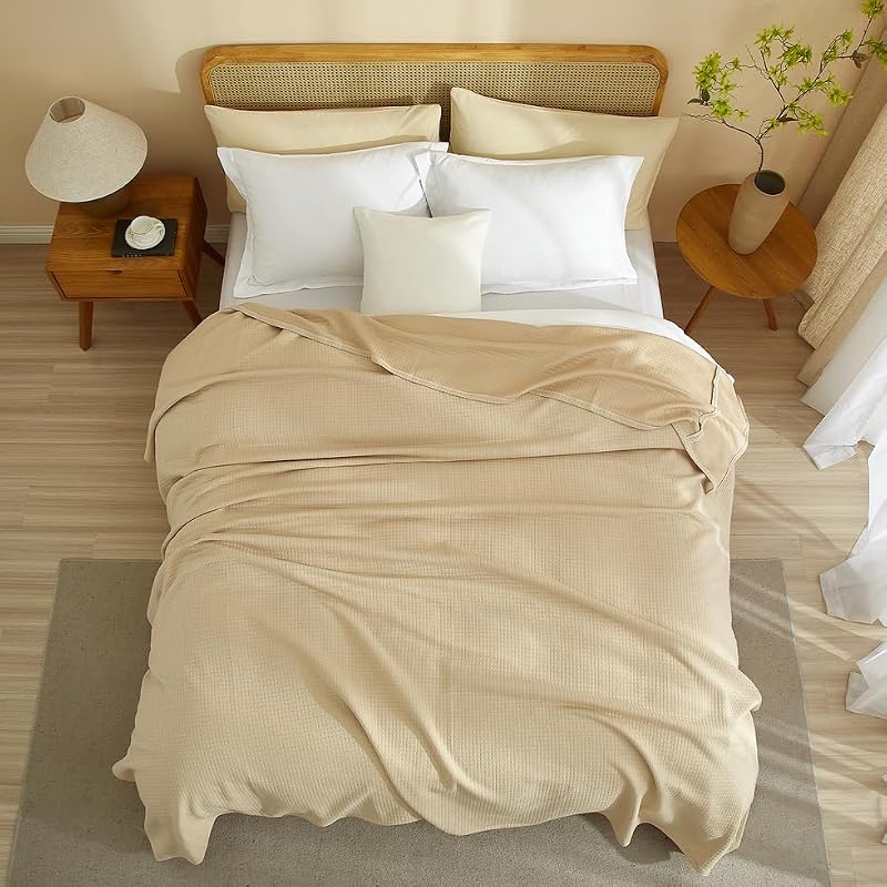 AMWAN Cozy Khaki Queen Blanket 90x90 in Cotton Blend Jersey Knit Quilted Grid