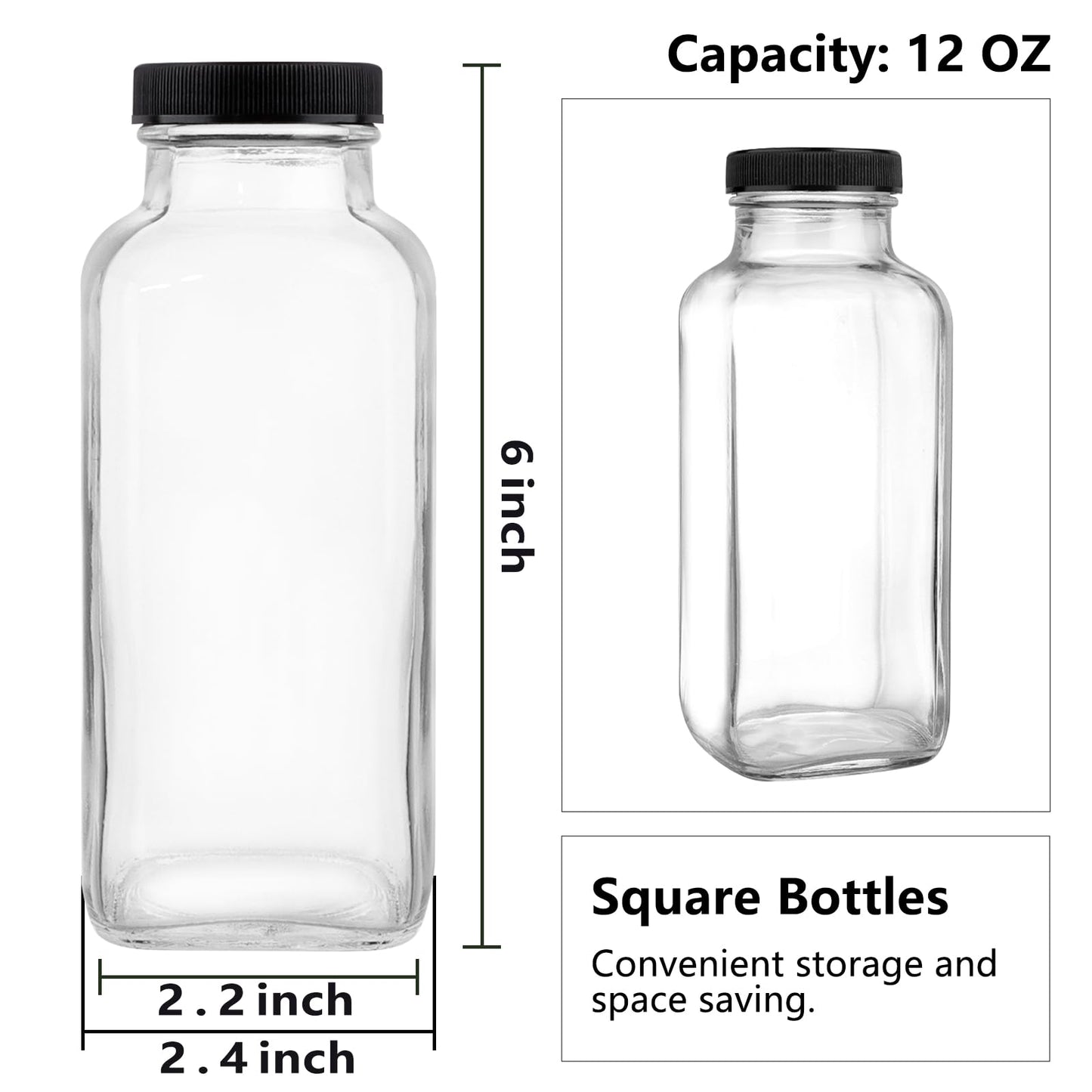 GUANENA 12 Pack Glass Drink Bottles, 12 OZ Vintage Square Water Bottles with Lids, Juice Bottles Beverages Containers for Milk, Kombucha, Smoothies