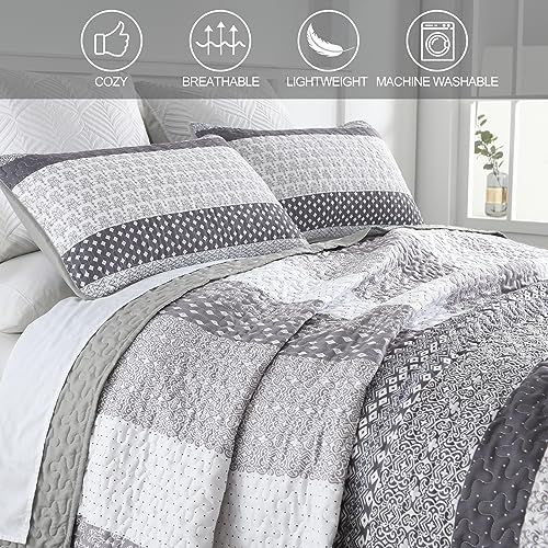 Grey Queen Size Boho Striped Quilt Set - Reversible Bedspread with Pillowcases