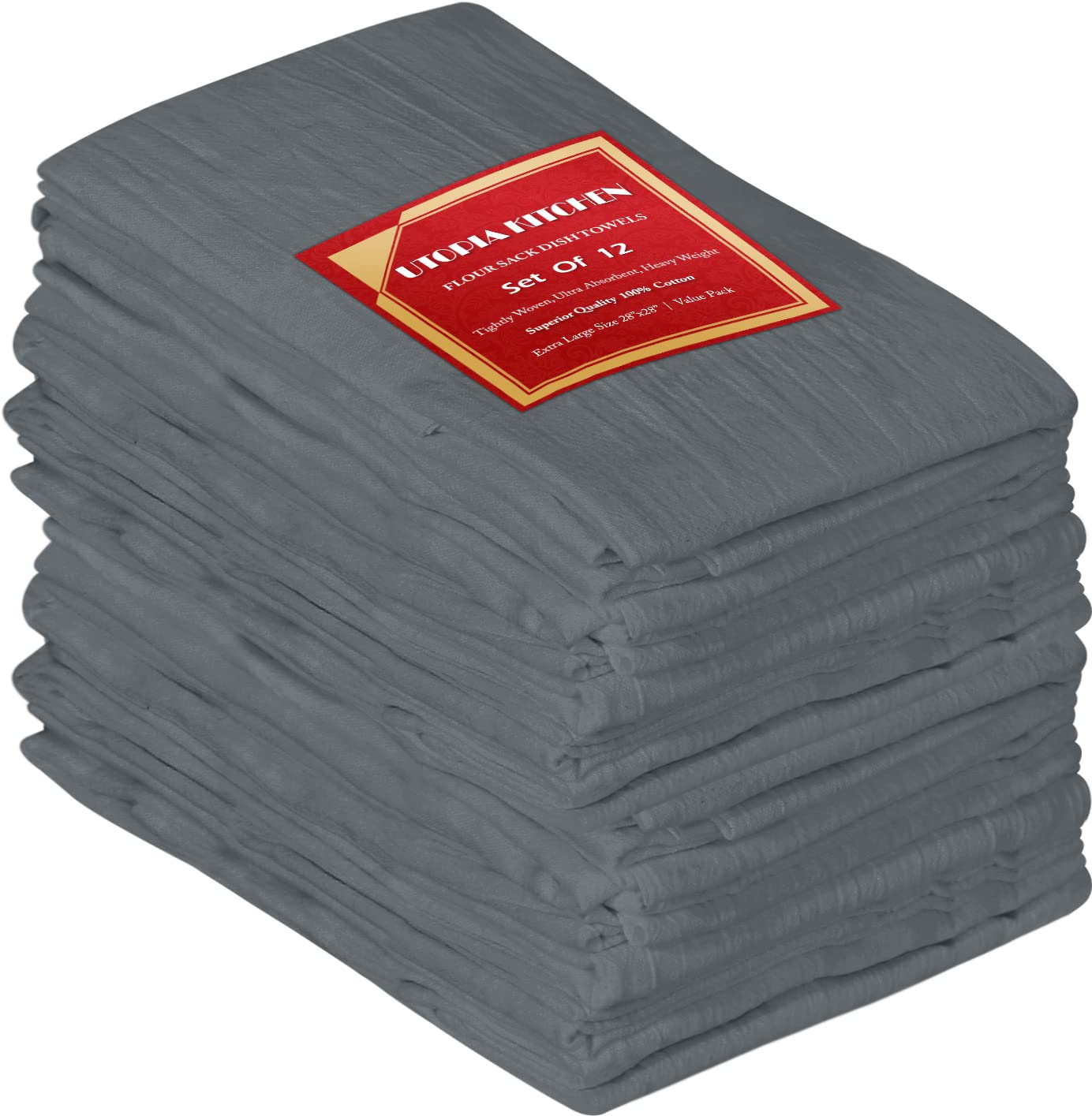 Utopia Kitchen Light Grey Flour Sack Towels [12 Pack - 28 x 28 Inch] 100% Cotton Tea Towels for Cleaning & Drying - Highly Absorbent Kitchen Dish Cloth