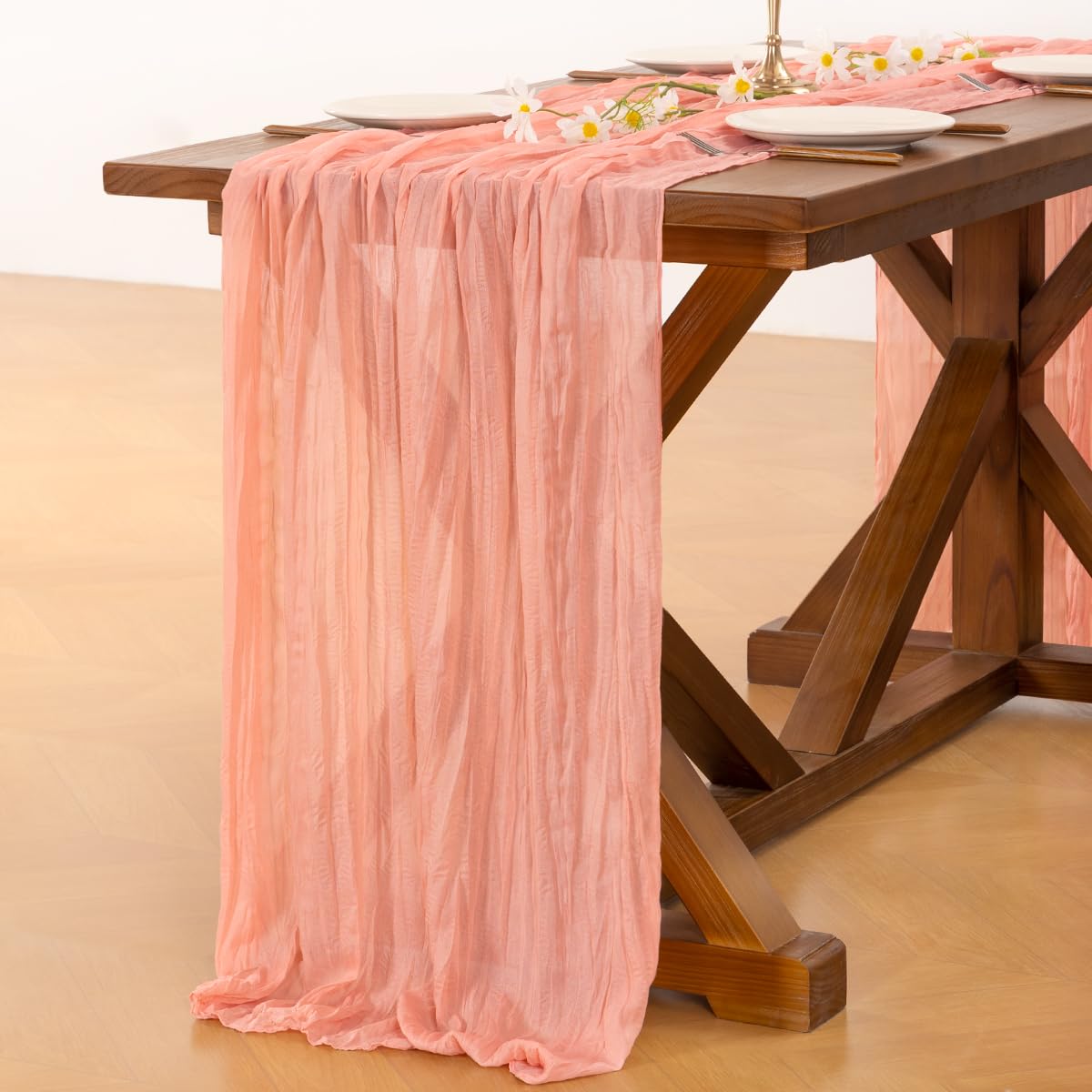 Socomi Coral Peach Summer Cheesecloth Table Runner Boho Rustic Gauze 120 inch 10FT Cheese Cloth Sheer Runner for Wedding Party Baby Shower Birthday Home Decor Holiday Decorations