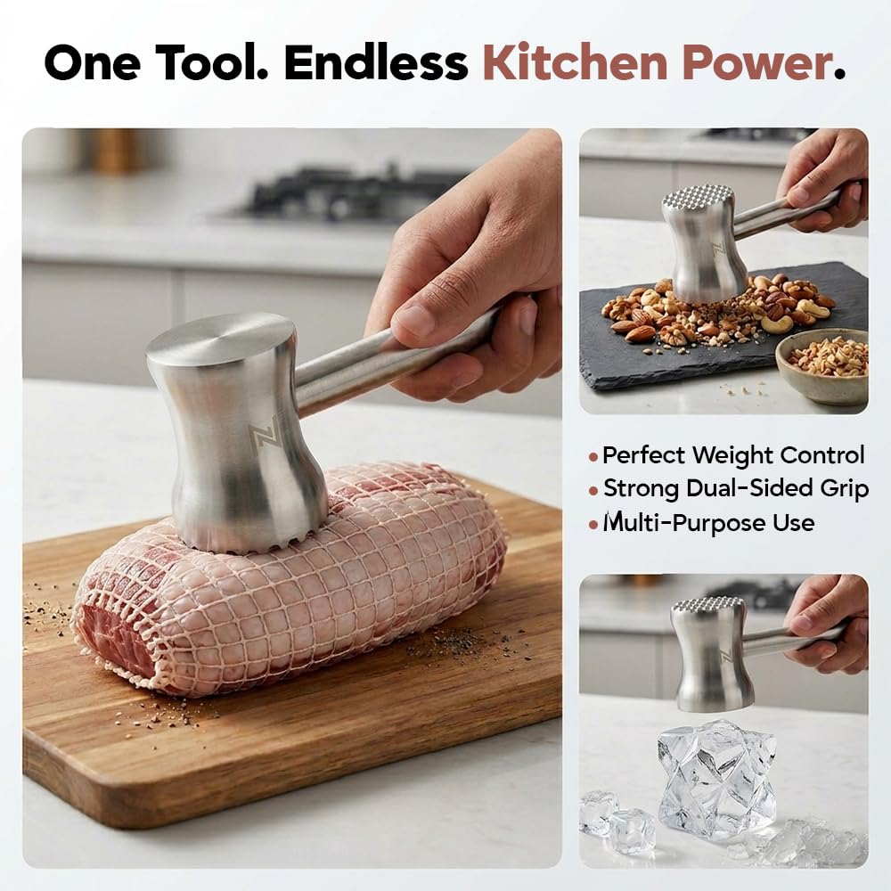304 Stainless Steel Tenderizer Mallet Dual-Sided Hammer, Heavy Duty Pounder Tool for Steak, Beef & Chicken Cutlets, Textured Grip Kitchen Mallet, Dishwasher Safe Beater for Cooking