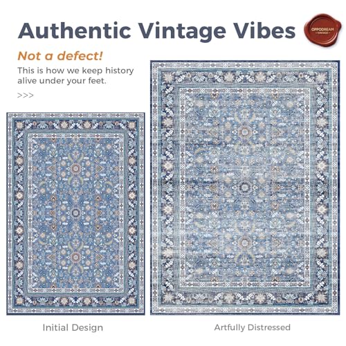 Blue 6x9 Area Rug - Washable Vintage Style Living Room Carpet