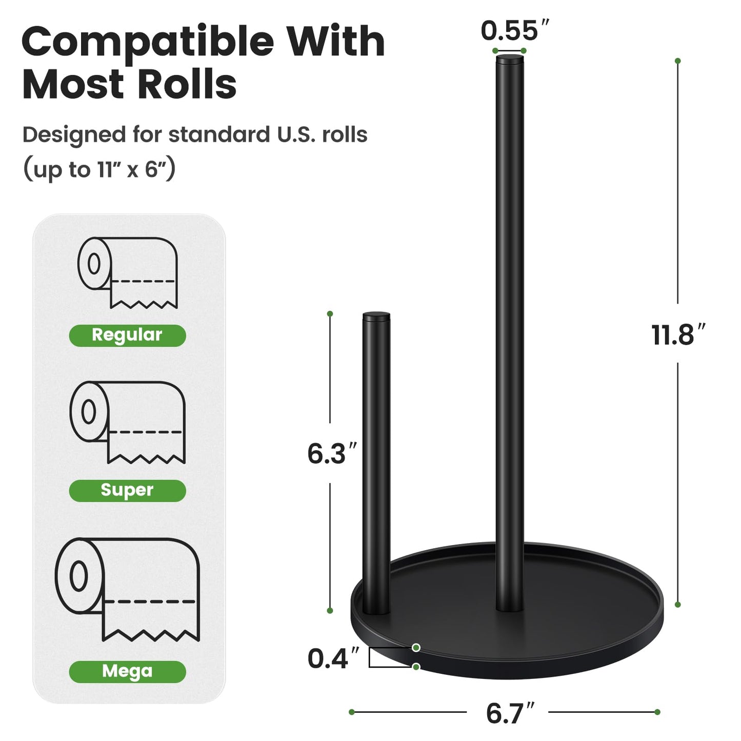 Black Paper Towel Holder Countertop, Paper Roll Holder Stand with Anti-Slip Weighted Base, Easy-Tear Papers Towel Rack Free Standing Tissue Dispenser for Bathroom Kitchen Organization RV Essentials