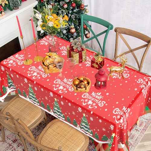 Christmas Tablecloth, 3 Pcs Plastic Christmas Tablecloth Disposable 54"x108", Red Plastic Xmas Table Cloth Cover Rectangle Table Decorations for Xmas Holiday Party Supplies