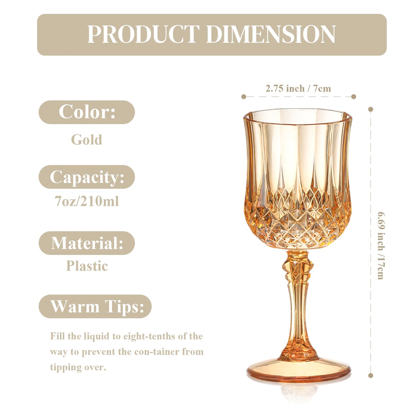 XUWAIDSGN 24 Pcs 7oz Plastic Vintage Wine Glasses Drinking Glasses Unbreakable Wedding Glassware Crystal Water Goblets Reusable Drinkware Vintage Champagne Flutes (24, Amber)