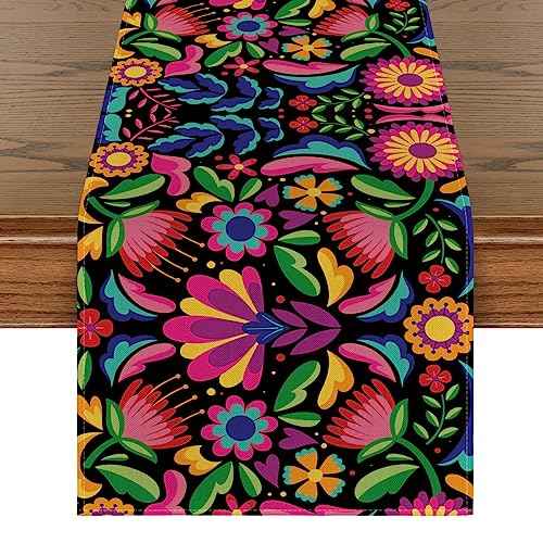 Artoid Mode Floral Dia De Los Muertos Serape Fiesta Mexican Table Runner, Mexico Day of The Dead Kitchen Dining Table Decoration for Home Party Decor 13x36 Inch