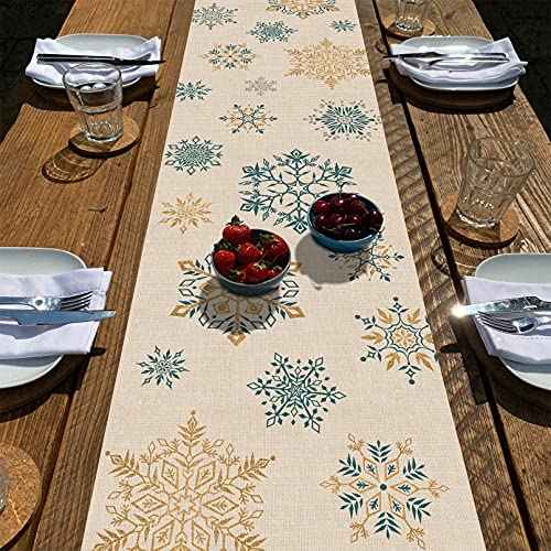 Seliem Winter Snowflakes Table Runner, Gold Blue Tabletop Scarf Home Kitchen Christmas Holiday Decor Sign, Seasonal Farmhouse Rustic Burlap Dining Decorations Party Supplies 13 x 72 Inch