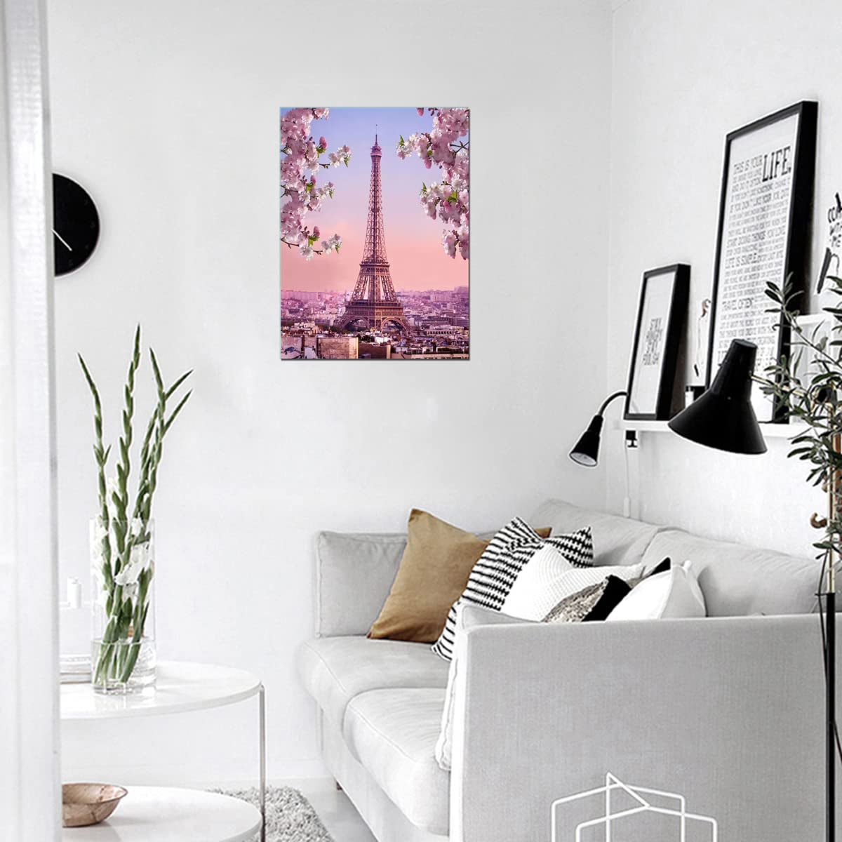 Pink Eiffel Tower Paris Office Girl Room Wall Art Pink Flower Blossoming Romantic Landscape Canvas Print for Home Decor Framed Large Artwork Love 24x36inch