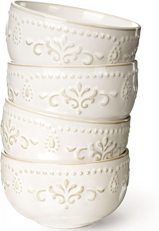 Artena Ceramic Dessert Bowls Set of 4 - 12 oz Embossed White Bowls for Ice Cream, Cereal & More | Microwave & Dishwasher Safe