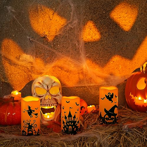 Homemory Halloween Waterproof Flameless LED Pillar Candle with Timer Remote – Castles, Witches, Pumpkins