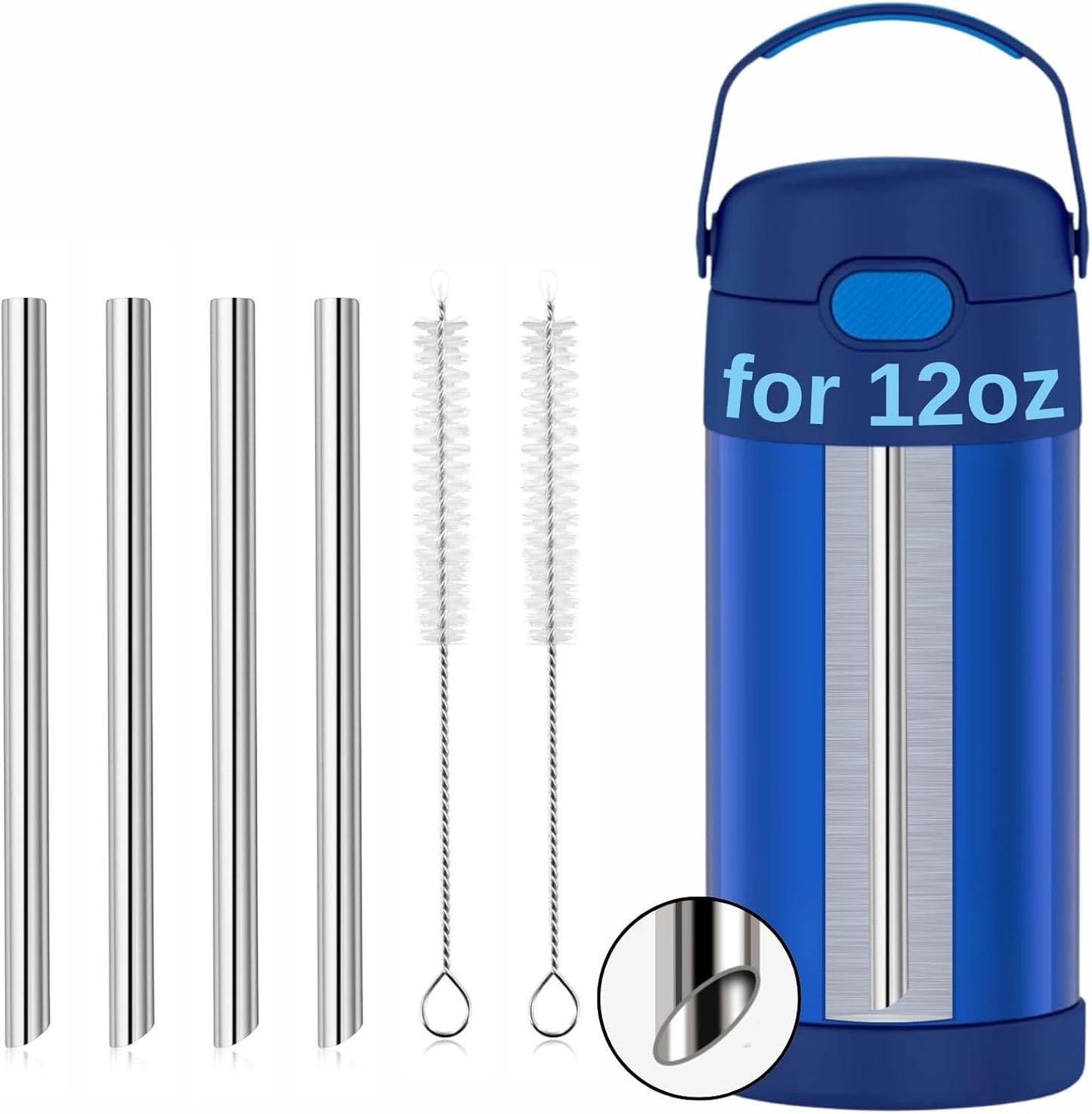 THERMOS Replacement Metal Straws - Reusable Stainless Steel for 12oz FUNtainer Kids Water Bottle | 4 Straws + 2 Cleaning Brushes