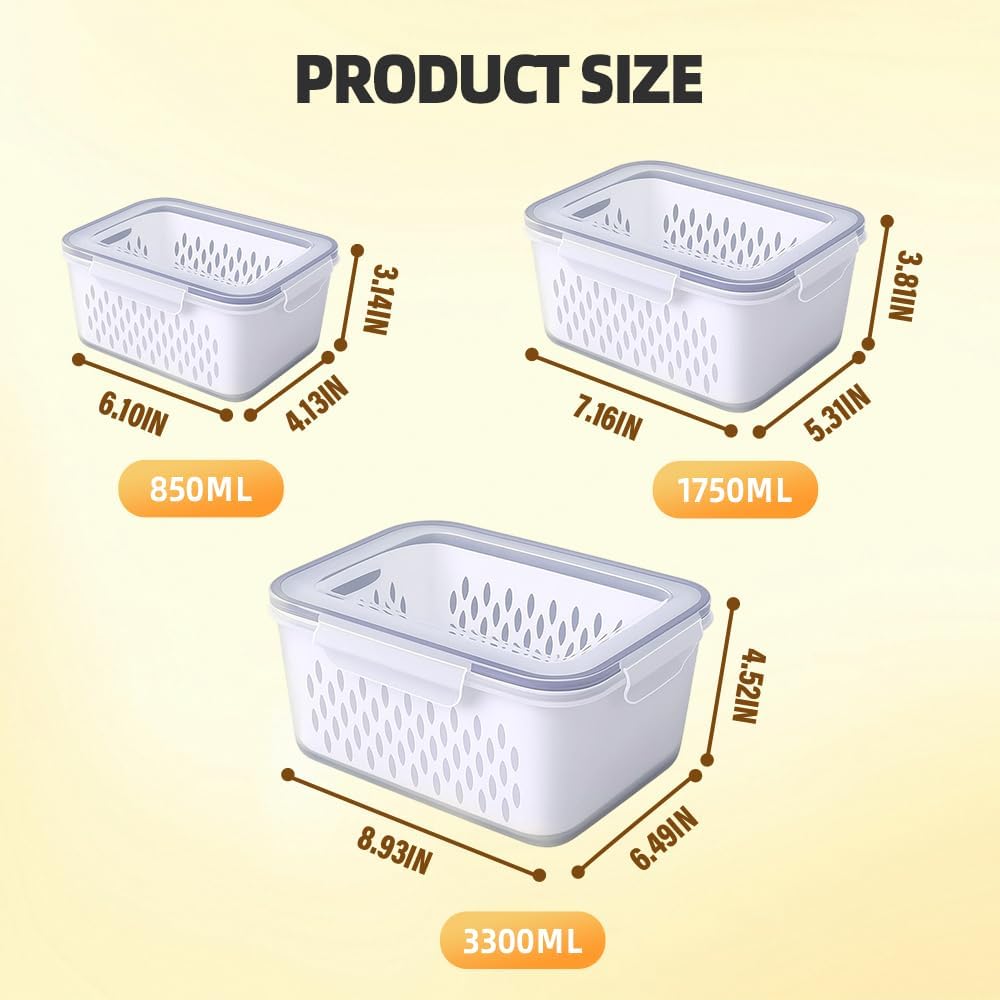 Transparent Fruit Storage Containers by [Brand Name] - Leak-Proof, Removable Colander Set for Berries & Vegetables - 3 Pcs (Grey)