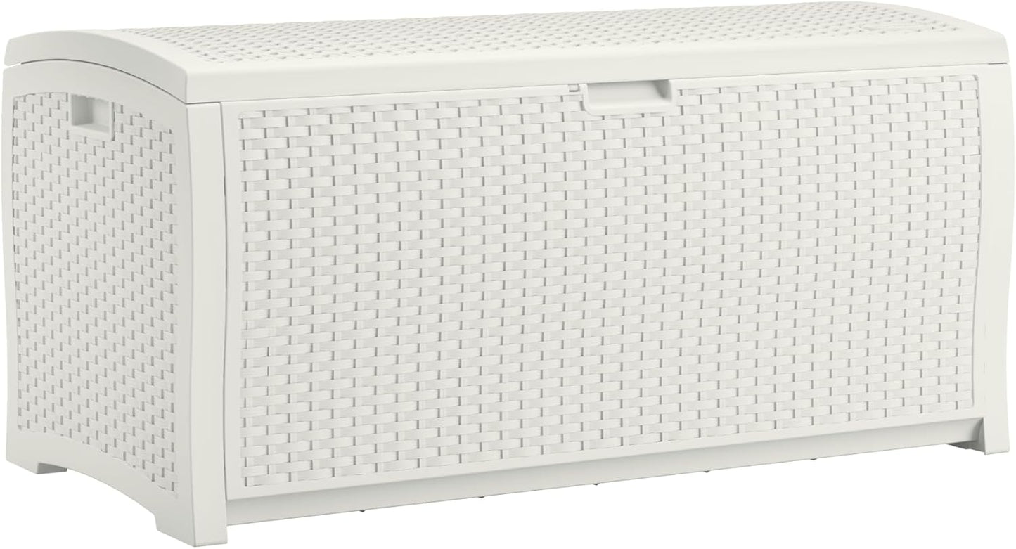 Suncast 99 Gallon Wicker Outdoor Deck Box - Water-Resistant Storage Solution for Patio & Yard, White