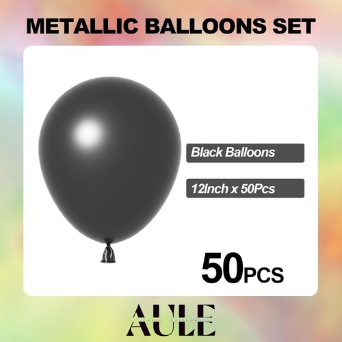 AULE Black Metallic Balloons - 12 Inch Chrome Latex Balloons for Birthday & Graduation Decor | 50 Pcs