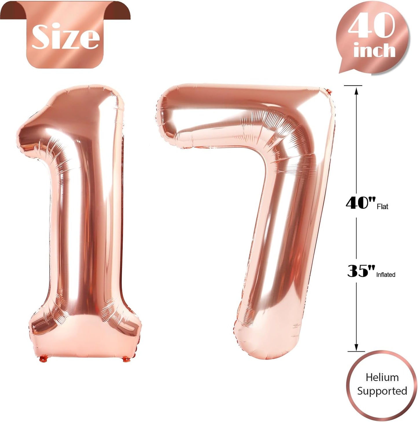 Rose Gold Number 17 Balloon - 40 Inch Birthday Decoration for 17th Birthday Parties