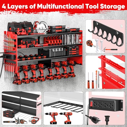 POKIPO Red Large Power Tool Organizer Wall Mount with Charging Station, 4 Layers, Heavy Duty Metal Shelf, 600 lbs Capacity
