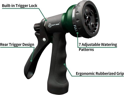 AUTOMAN Garden Hose Nozzle - 2-Pack ABS Water Spray Nozzles with 7 Adjustable Patterns for Easy Watering & Cleaning