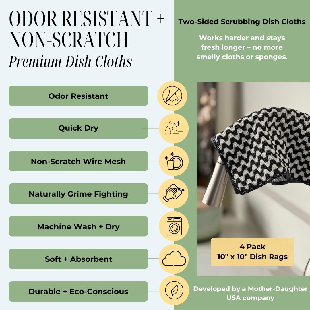 Severn Dish Cloths - Odor-Resistant 4-Pack Kitchen Cleaning Rags with Non-Scratch Scrubber | Bamboo-Charcoal Microfiber