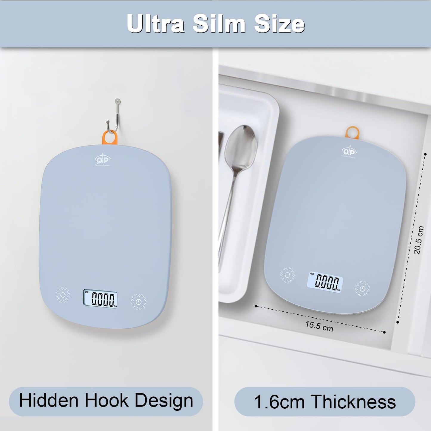QP Digital Food Scale, 11lb Digital Kitchen Scale, 1g High Accuracy Meat Scale, 6 Units, Cooking Scale with Hook, Ultra Slim Kitchen Weight Scale, Touch Control, Tare Function, Auto Off, LCD Display