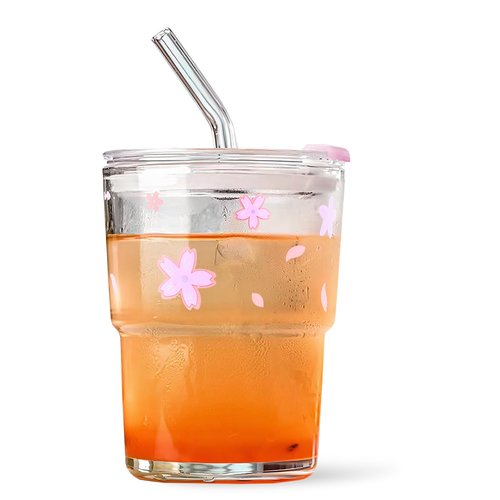 Colnic Iced Coffee Cup, 15Oz/450ml Glass Cups With Lids And Straws, Iced Coffee Glasses Tumbler, Thick Wall Mug For Tea Water With Glass Straw, Coffee Cute Tumbler Gifts (Pink)