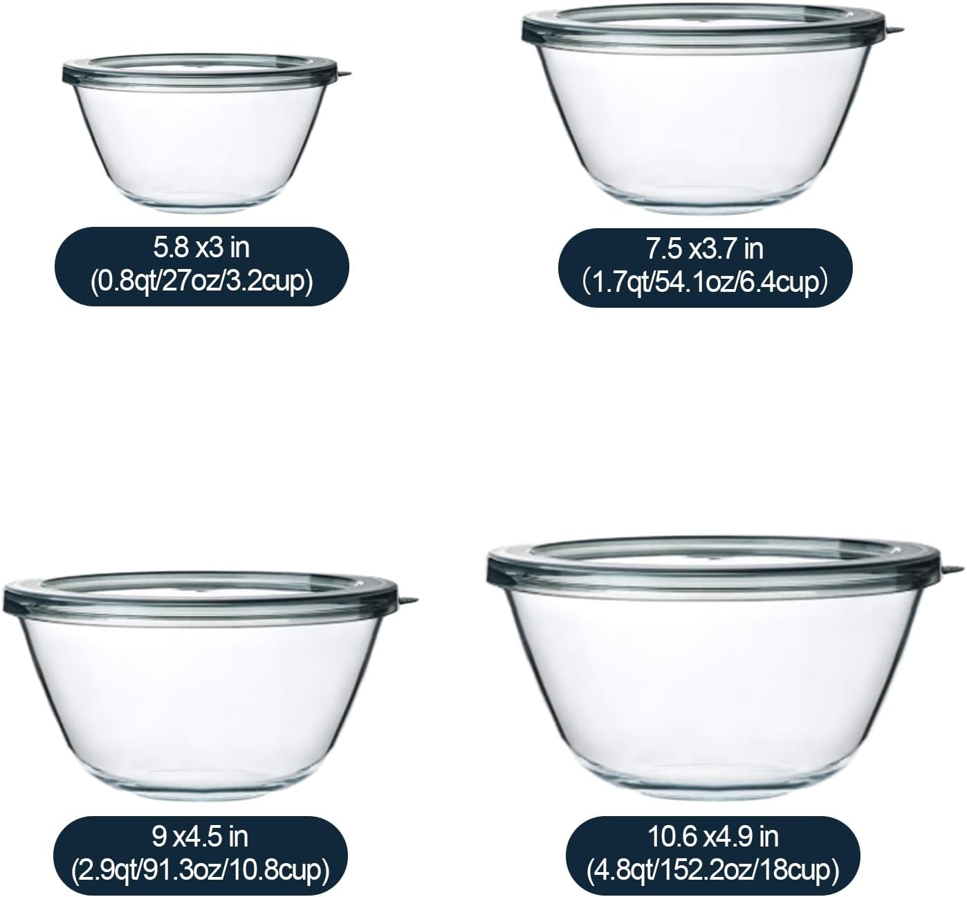 M MCIRCO Glass Mixing Bowls - 4-Pack Nesting Bowls Set for Meal Prep & Food Storage | BPA-Free, 0.8/1.7/2.9/4.8 Qt